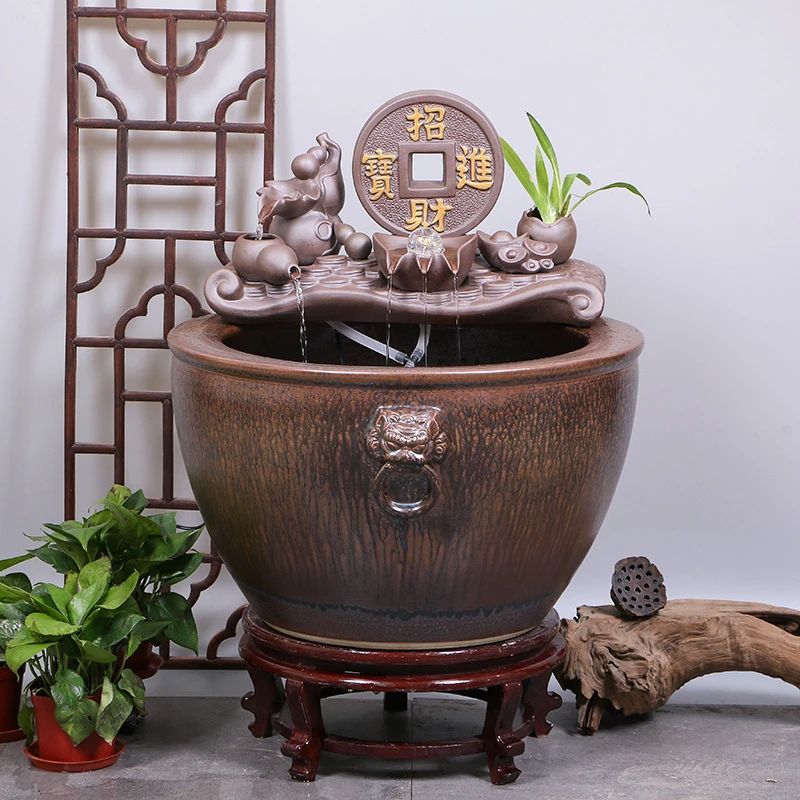 景德镇陶瓷摆件鱼缸流水喷泉家用鱼缸大号客厅加湿开业