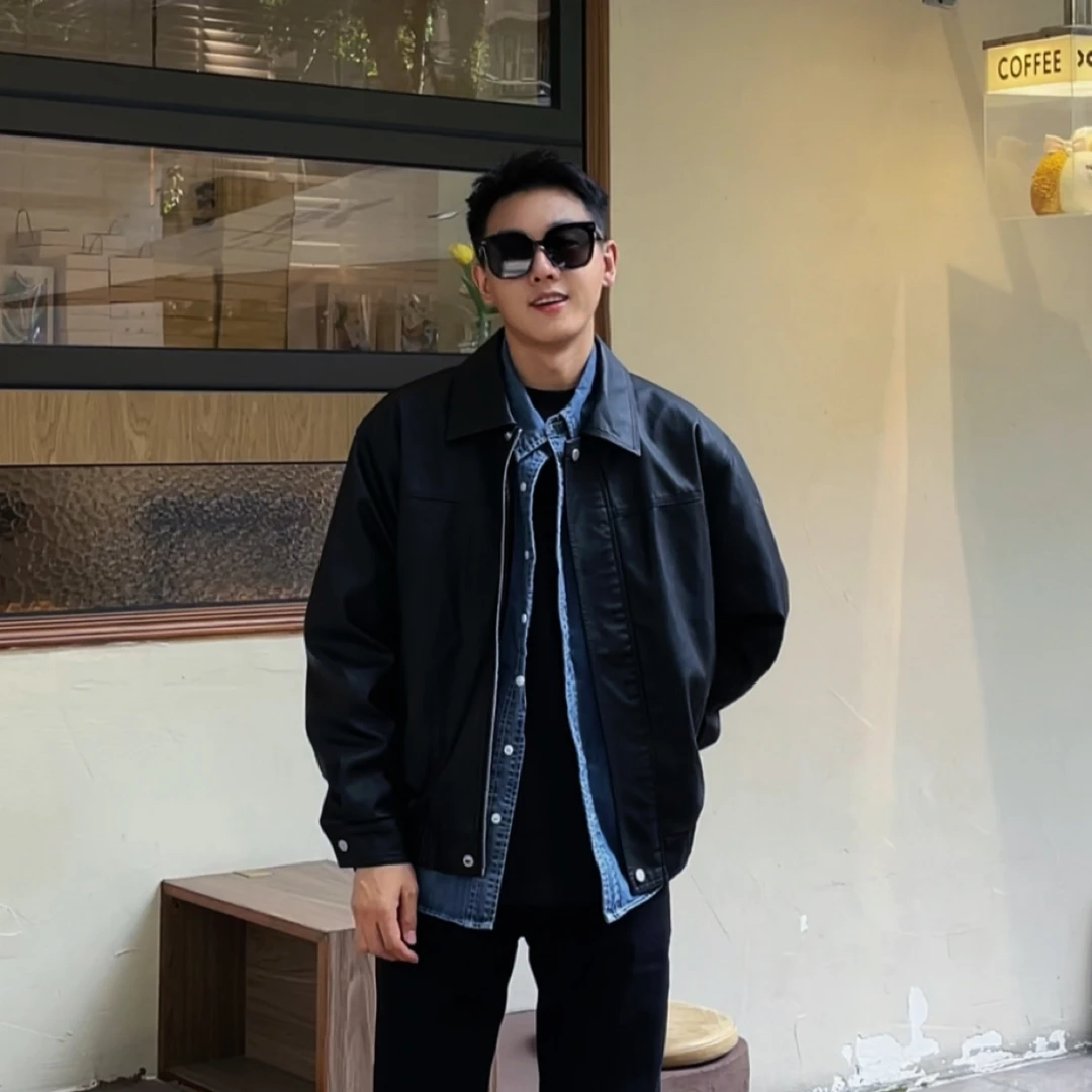 GY新款秋冬水洗软皮衣休闲百搭翻领外套美式复古PU机车夹克潮
