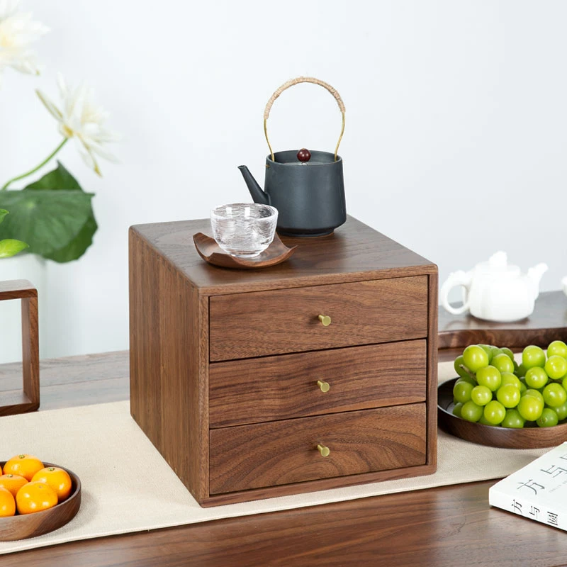 北美黑胡桃木抽屉柜25.5*25.5*21三层收纳柜桌面抽屉