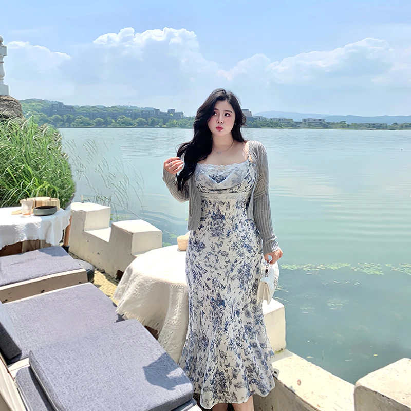 希同儿大码女装胖mm法式温柔蝴蝶碎花吊带连衣裙收腰遮肚鱼尾长裙