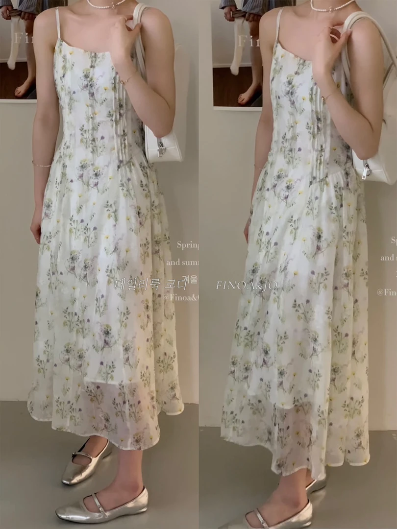 春夏新品法温柔油画风压褶长款碎花吊带裙夏季连衣裙裙子11855