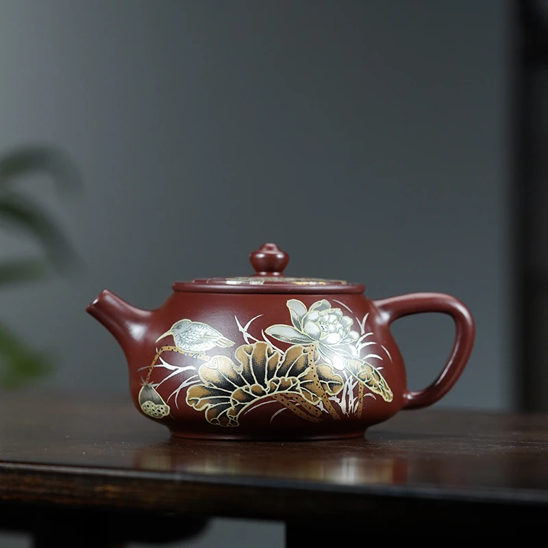 J4070庞红俊紫朱泥金银错平盖石瓢250cc左右紫砂壶