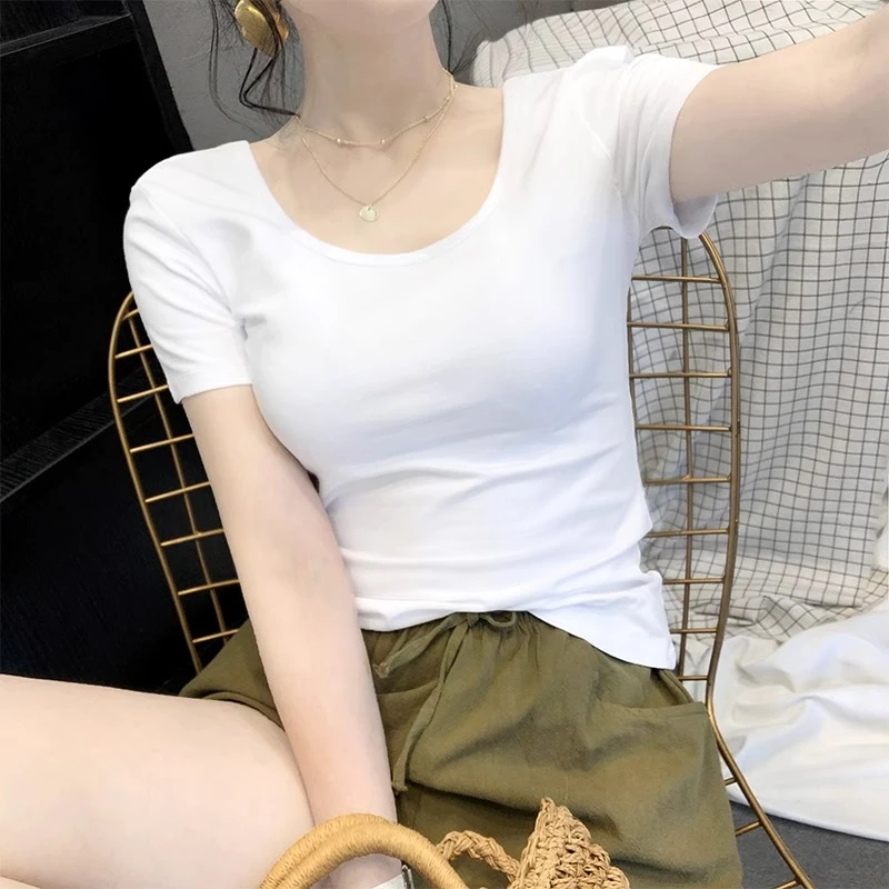 JS夏圆领T恤女短袖棉质内搭修身低领慵懒风百搭辣妹显瘦上衣潮A4