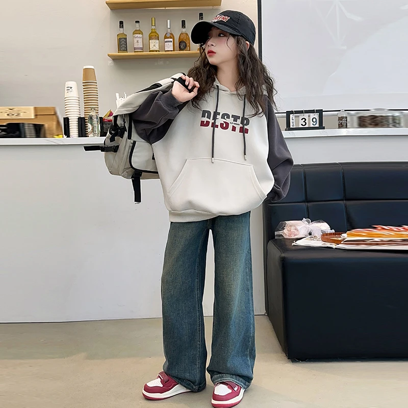 女童套装连帽卫衣秋装2024新款儿童女孩洋气休闲女大童春秋牛仔裤