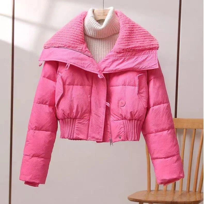 新款2023年新款高腰羽绒服女短款小个子羊羔毛翻领拼接冬季棉袄