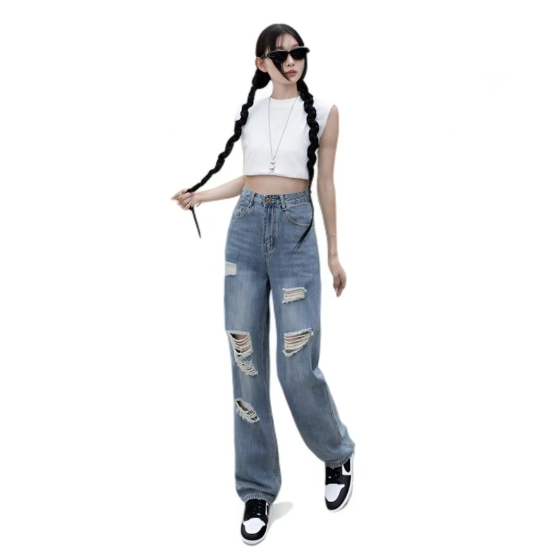 【破洞版精选】窄版直筒阔腿裤牛仔裤高腰显瘦裤子女款爆款2025新款