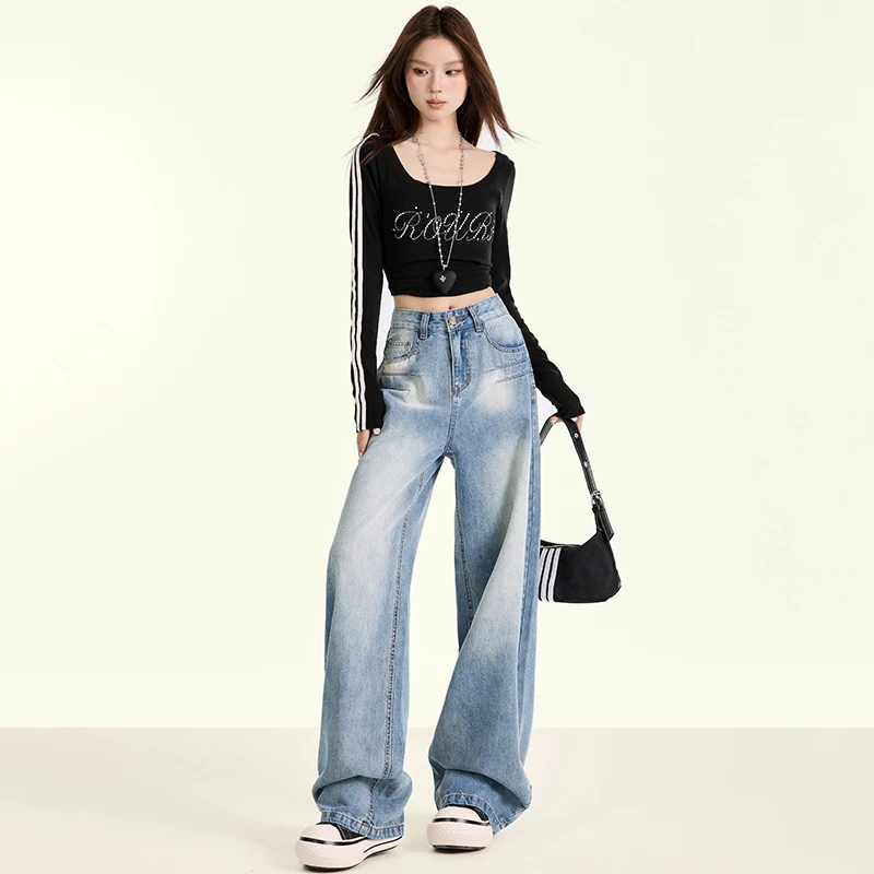 2025美式复古水洗秋季新款高腰宽松直筒牛仔裤女蓝色垂感阔腿裤子