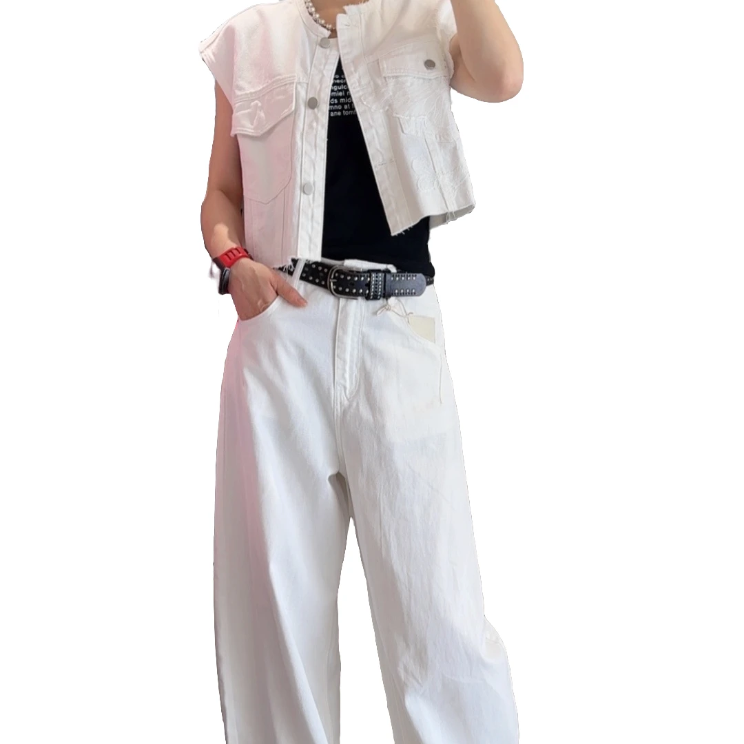 白色马甲=白色牛仔休闲裤时尚夏季薄款宽松显瘦百搭垂感