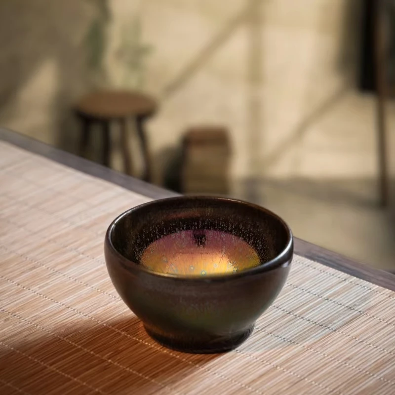 潘盏櫃紫气东来小敛口陶瓷薄胎建盏全包釉曜变彩油滴主人杯