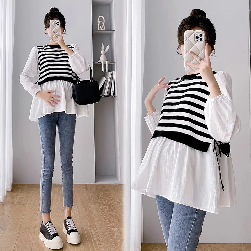 孕妇秋季新款上衣韩版宽松长袖条纹假两件拼接衬衫小香风外搭洋气