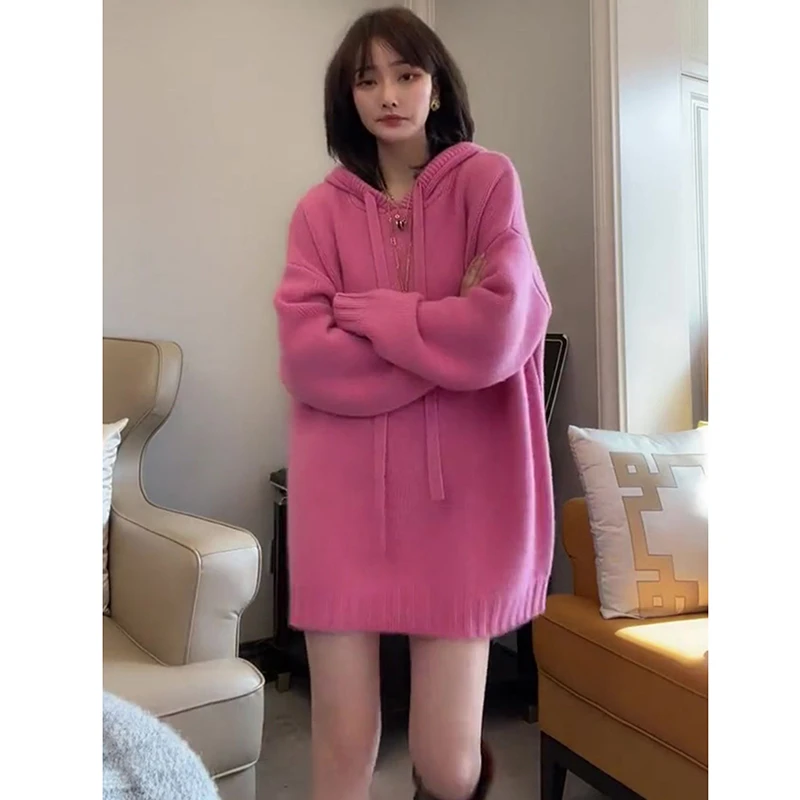 韩版粉色针织连帽毛衣女秋冬季新款宽松慵懒风中长款套头百搭上衣