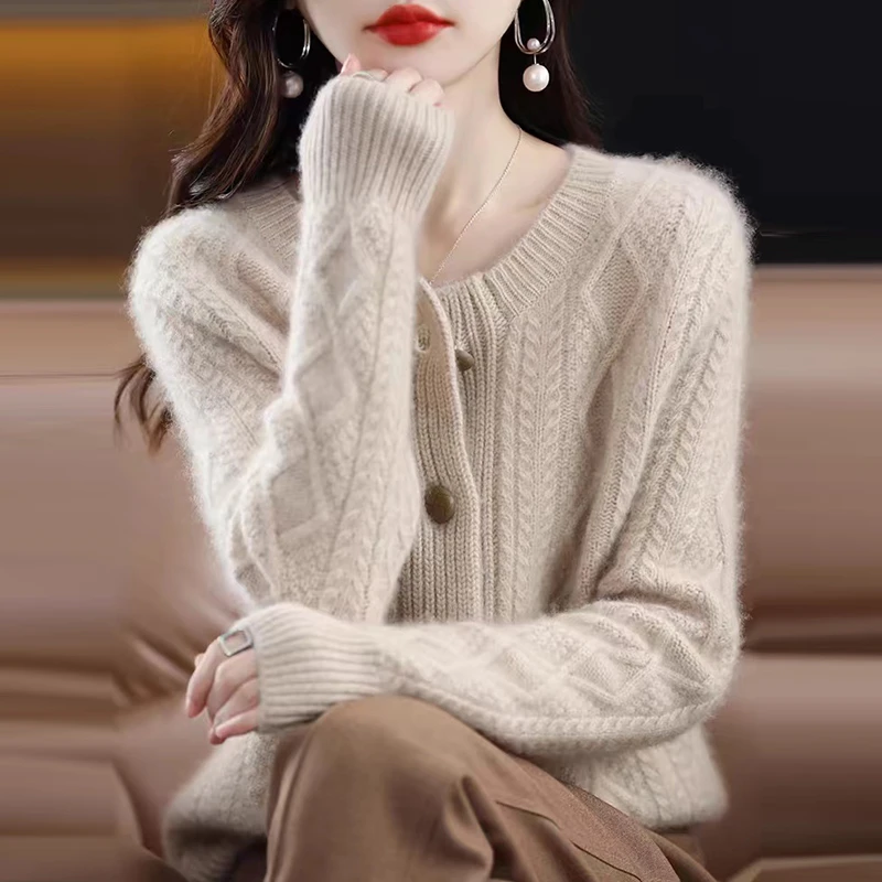 恒源祥集团彩羊重磅100%纯羊绒针织开衫女秋冬新款毛衣羊毛衫外套
