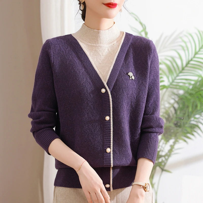 妈妈装秋冬款毛衣假两件加绒加厚中老年人打底衫洋气时尚针织上衣