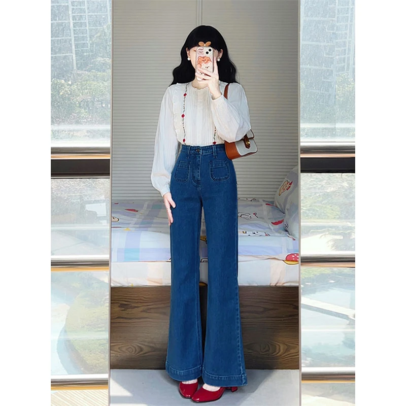 深蓝色阔腿微喇牛仔裤女秋冬新款复古高腰宽松显瘦拖地喇叭长裤子