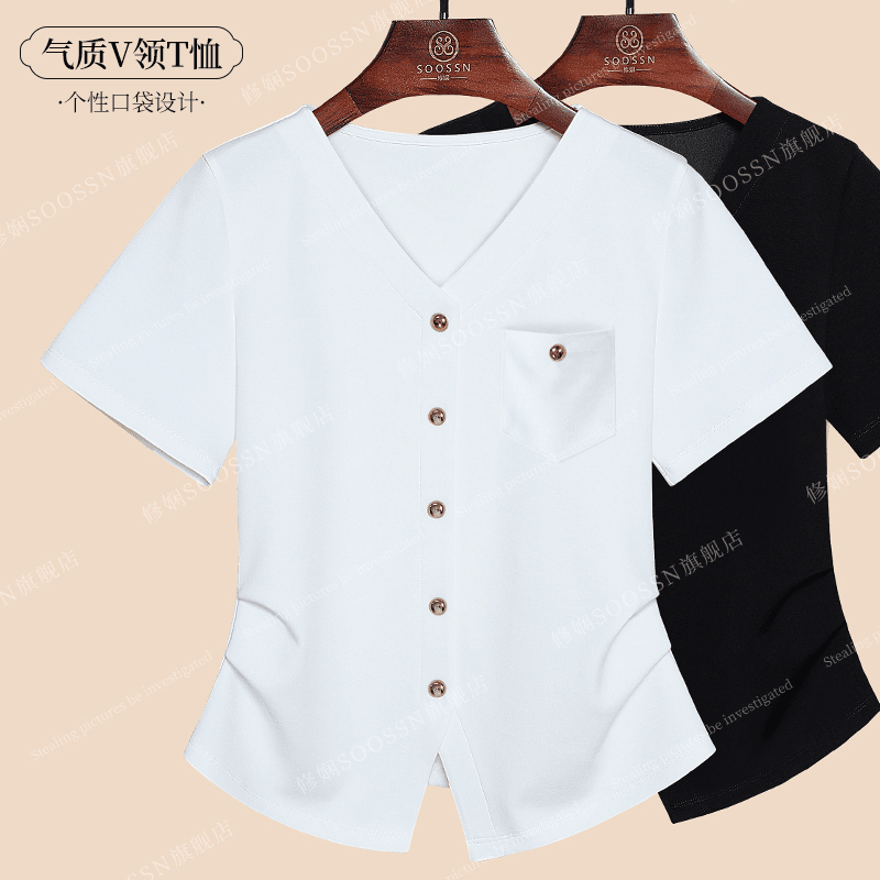 夏季洋气单排扣v领T恤显瘦气质设计感口袋百搭修身不规则开叉上衣