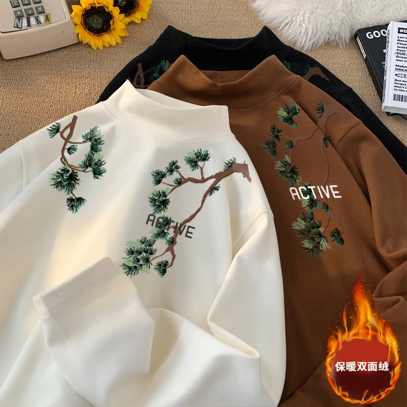 隐匿者2025冬季男士半高领德绒长袖T恤宽松印花加厚保暖内搭上衣