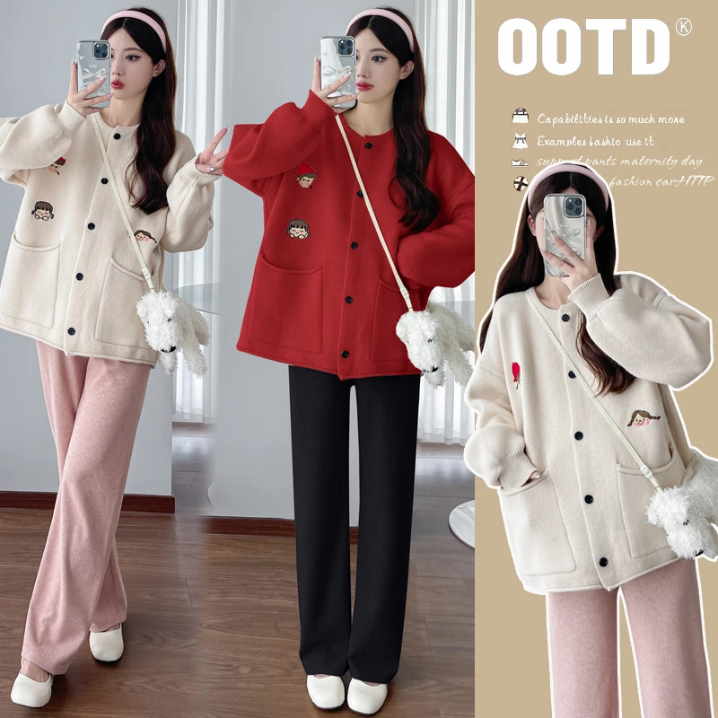 【梦梦妈】孕妇装秋冬2024新款上衣高品质大版型刺绣针织长袖开衫