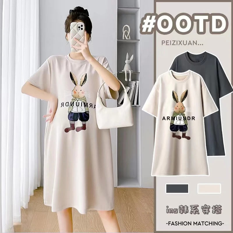 孕妇夏装连衣裙2023新款圆领t恤裙中长款宽松大码开叉休闲长裙子