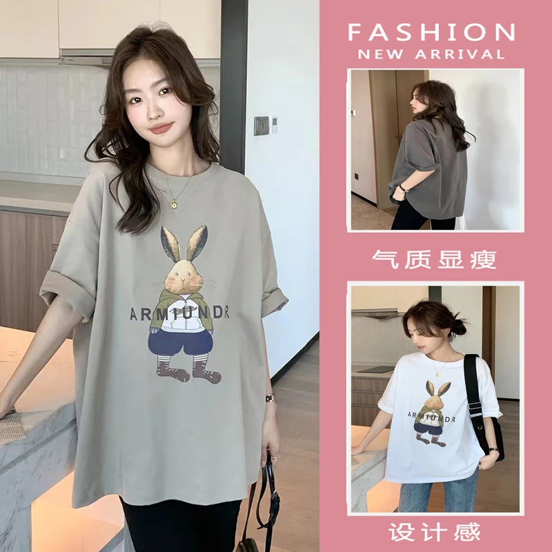 潮流孕妇牛仔兔子孕妇打底衫夏季外穿薄款宽松中长款大码上衣T恤