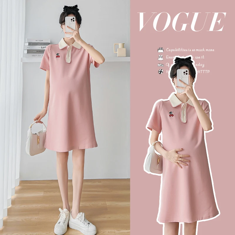 【梦梦妈】孕妇连衣裙夏短袖薄款粉色POLO领樱桃小个子宽松时尚辣妈