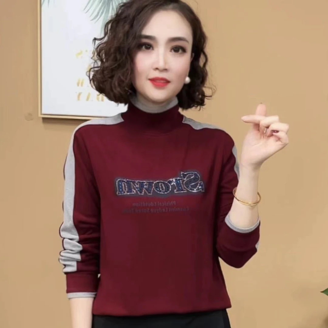 2024新款时尚洋气百搭半高领气质字母长袖打底衫女士上衣#1018