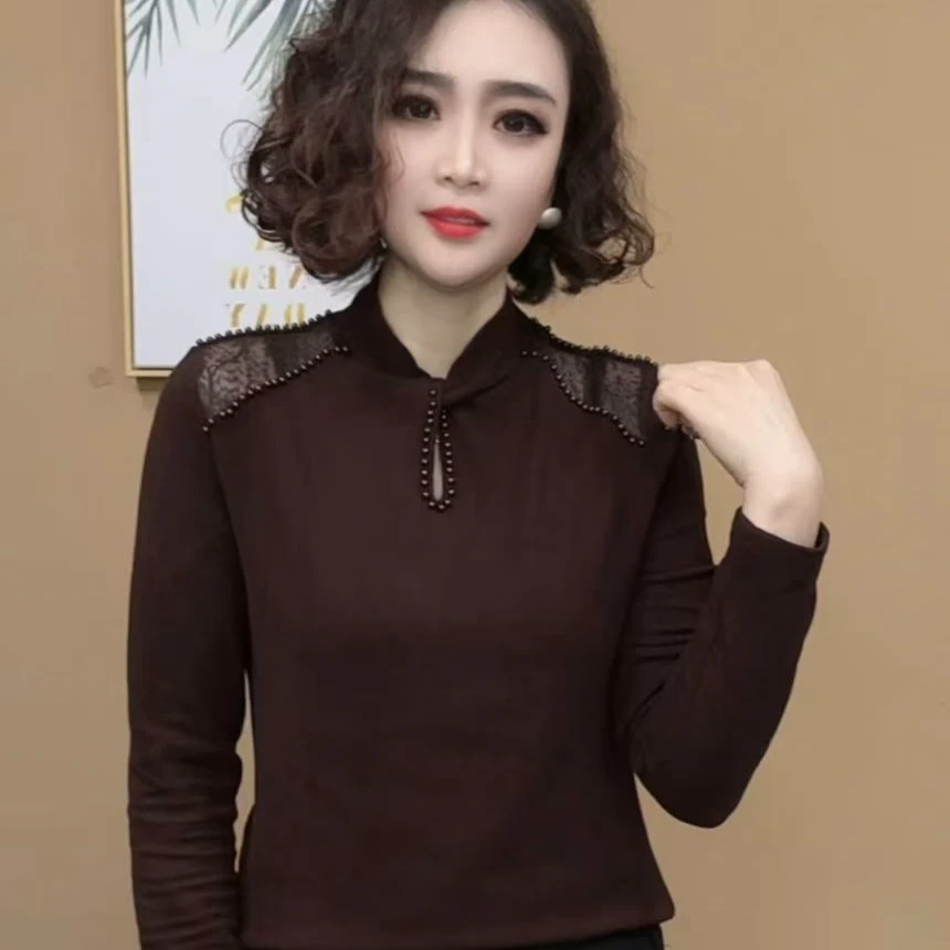 2024冬季新品时尚洋气百搭肩膀镂空纯色长袖打底衫女士上衣#86736