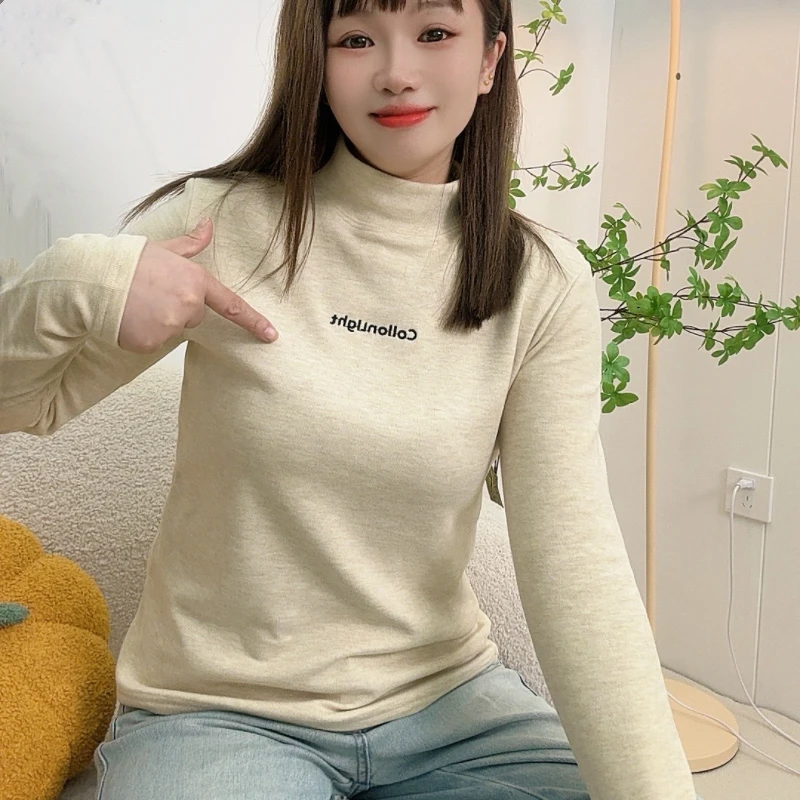 加厚太阳绒新款2024年秋冬保暖显瘦百搭中领打底衫长袖冬款上衣女