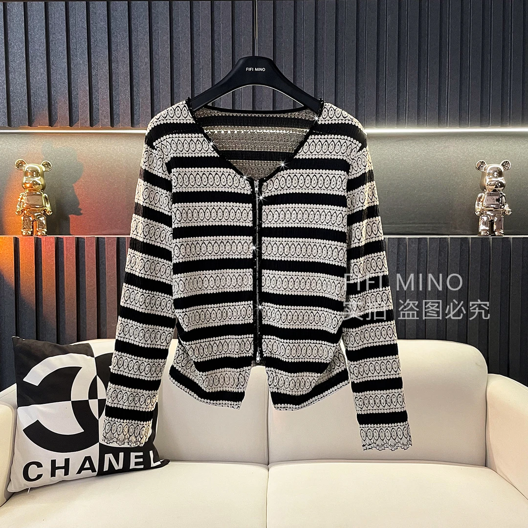 FIFI MINO 2025年春季新款时尚百搭显瘦条纹高定复古蕾丝开衫外套
