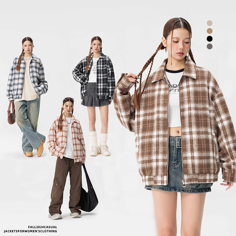 复古情侣毛呢格子休闲百搭宽松秋季新款夹克上衣