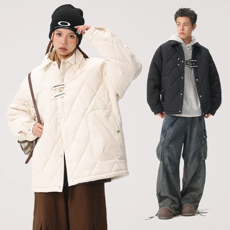 菱形格棉服防风设计宽松秋冬情侣百搭翻领保暖外套