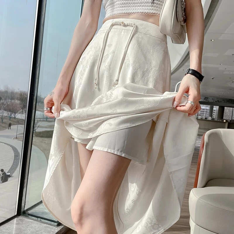 新中式杏色半身裙女夏季薄款a字国风盘扣醋酸提花绣花休闲中长裙