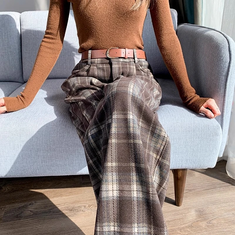 加绒毛呢格子裤女秋冬2025新款爆款直筒今年流行的复古高端阔腿裤