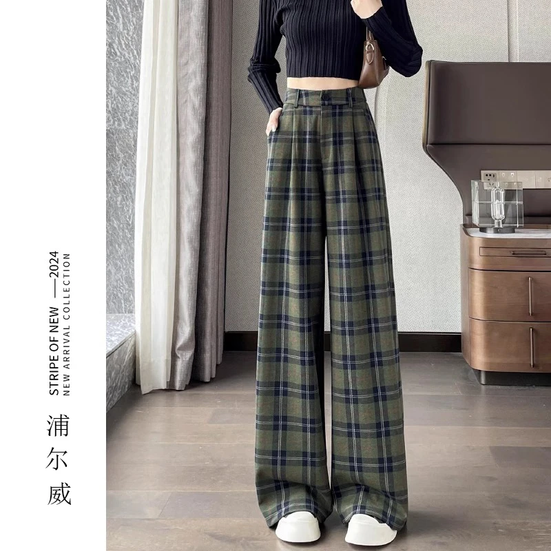 窄版格子阔腿裤女春秋2025新款高腰垂感显瘦休闲裤秋冬直筒毛呢裤