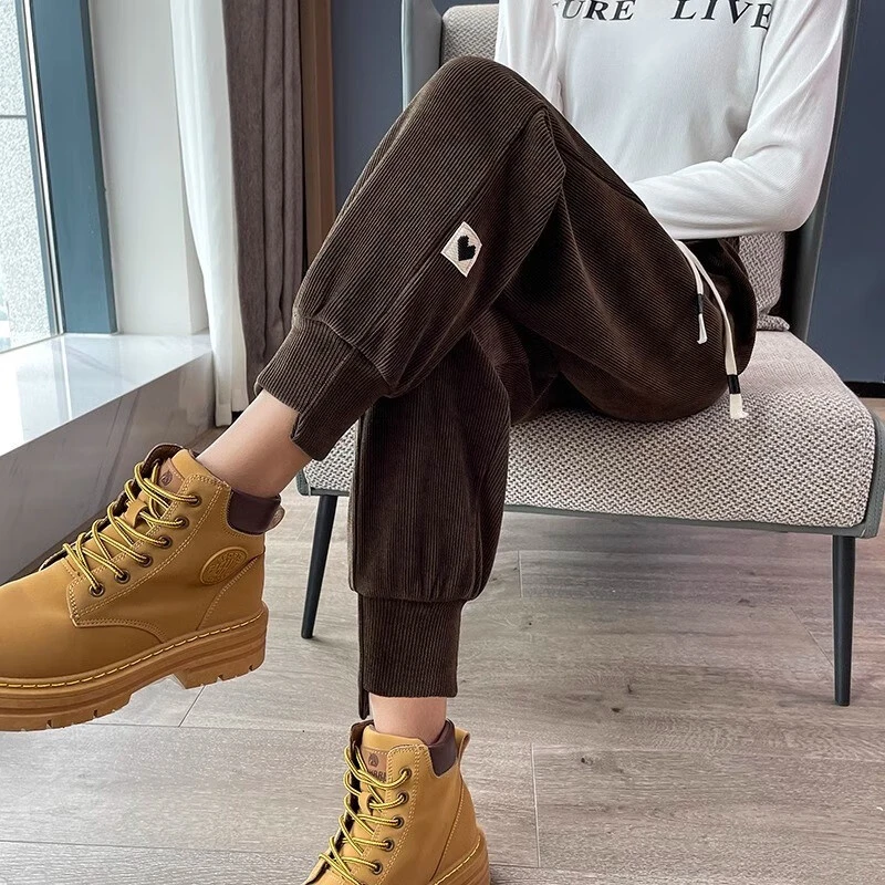 2023年秋冬新款休闲裤女宽松显瘦高腰灯芯绒哈伦束脚加绒运动裤女