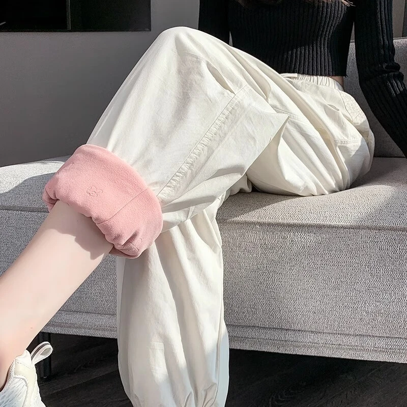 白色羽绒裤女秋冬外穿新款高腰宽松白鸭绒加厚保暖工装裤休闲棉裤