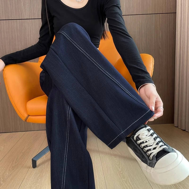 蓝色阔腿牛仔裤女2025秋季新款高腰休闲显瘦宽松遮胯拖地香蕉裤子