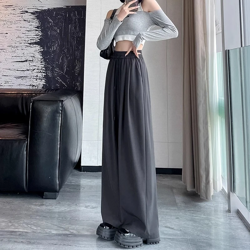 黑色高腰抽绳西装阔腿宽松休闲裤女春夏季薄款拖地显瘦垂感直筒裤