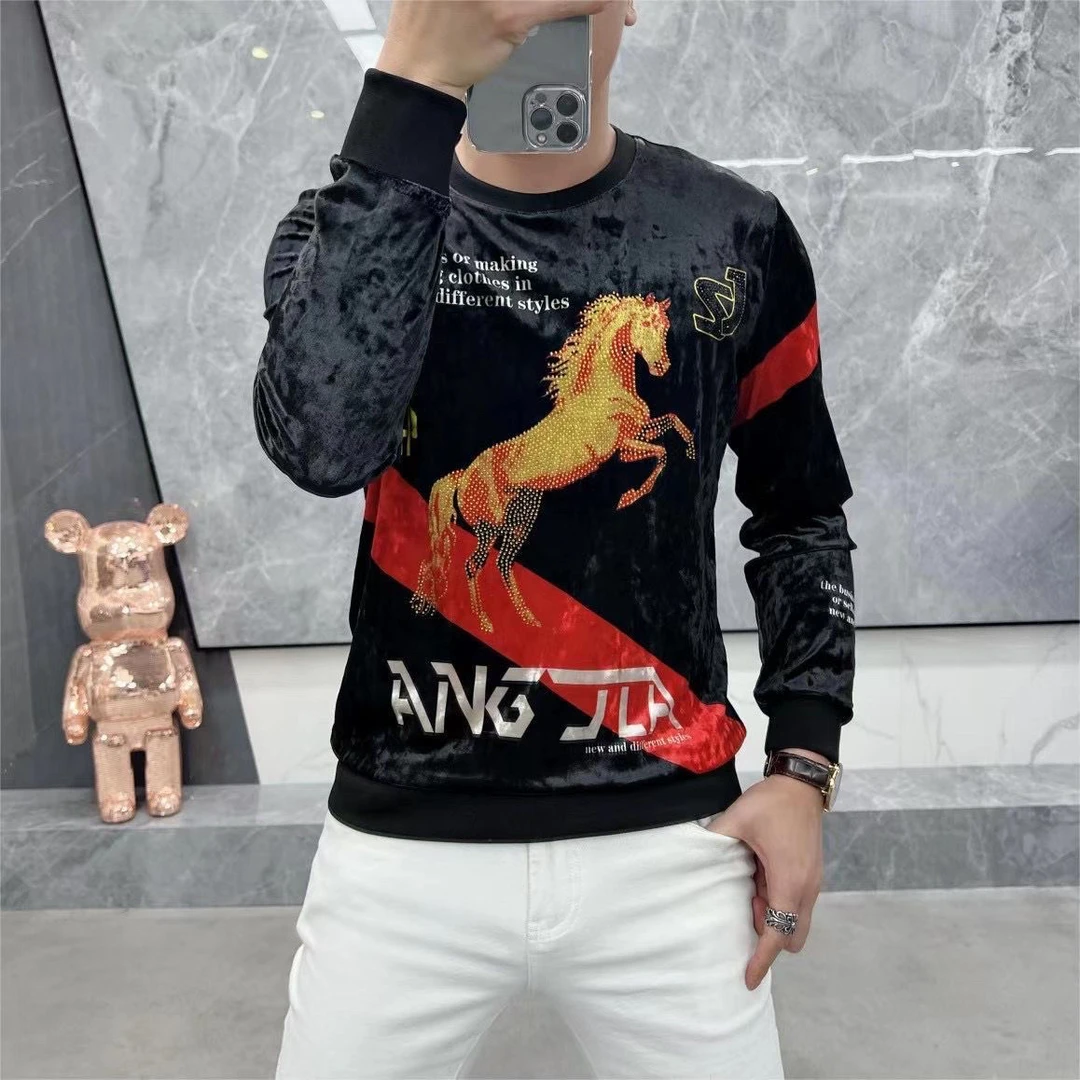 男士秋季新款高档时尚个性战马烫钻加厚修身圆领长袖T恤潮8Y591