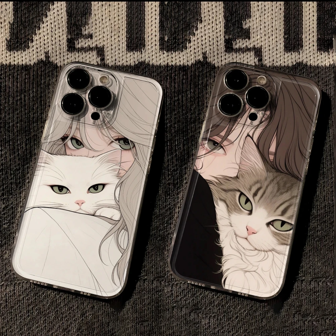 抱猫女孩适用iPhone15/13苹果14手机壳11/12华为vivo小米oppo软壳