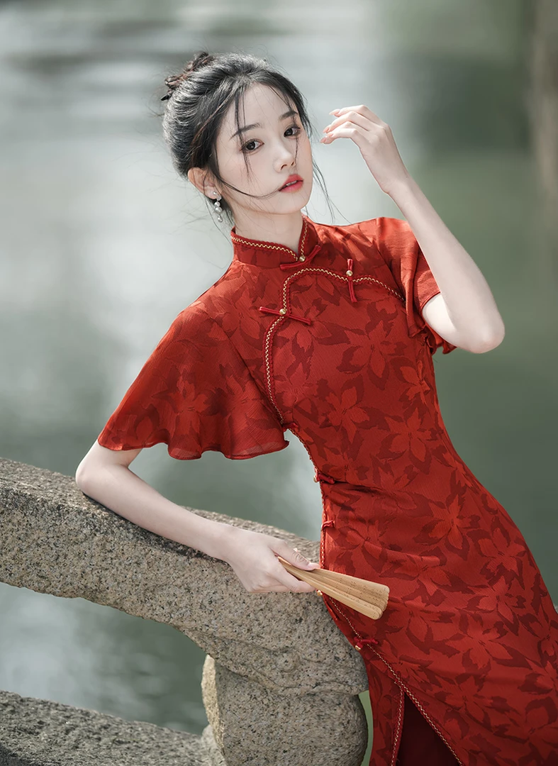 夏季新款2024长款酒红色中式年轻款日常高级感中国风提花双层旗袍