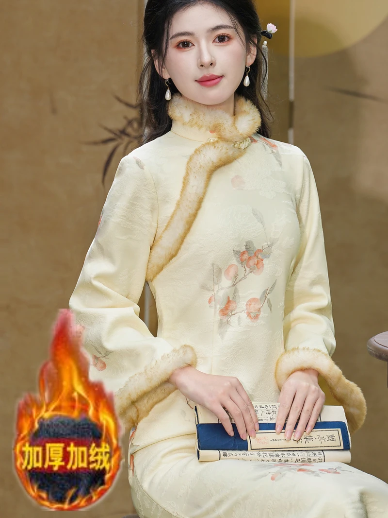 中式旗袍改良倒大袖2024新款冬季加绒加厚长袖年轻款日常连衣裙女