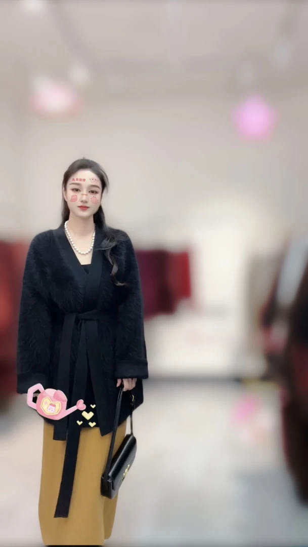 红人上新（轻熟风）动物真毛 长毛拉毛V领中长款腰带外套