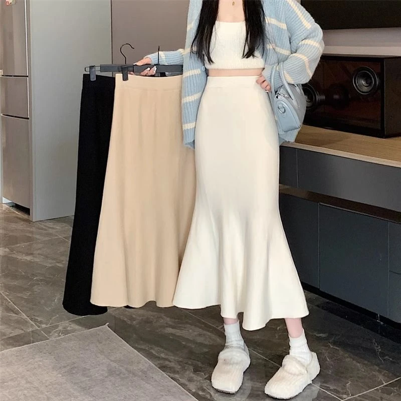 修身高腰鱼尾裙女秋冬韩版2023新款显瘦中长款名媛气质A字半身裙