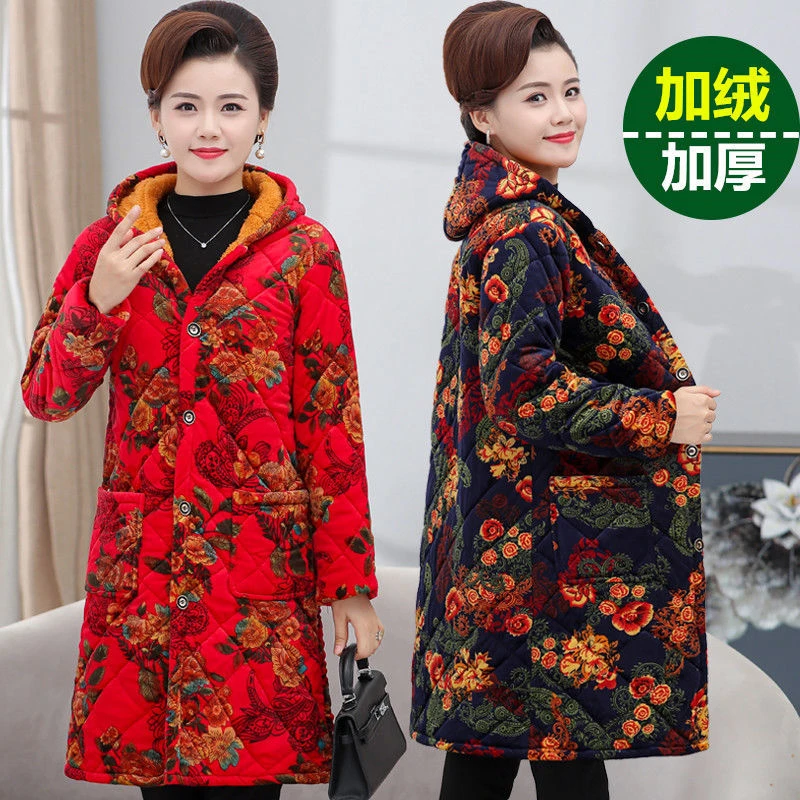 中老年女棉衣中长款加绒加厚长棉衣外套连帽罩衣宽松大码厚棉袄