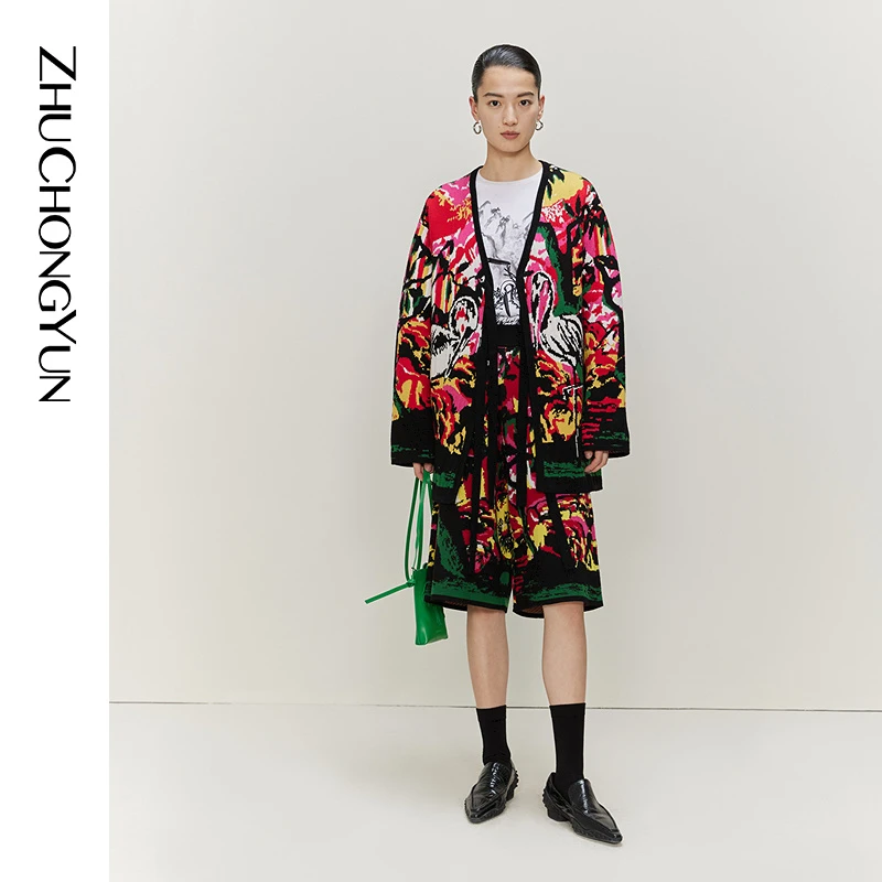 【妍妍精选】ZHUCHONGYUN嵌花拼色羊毛针织开衫女士