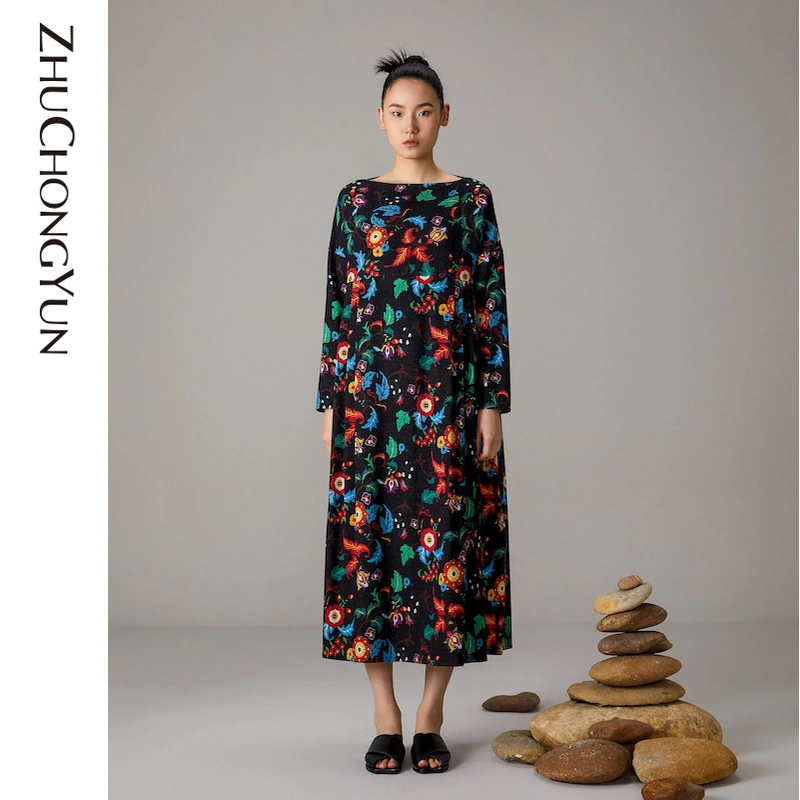 ZHUCHONGYUN春宽松中长款原创艺术印花感连衣裙