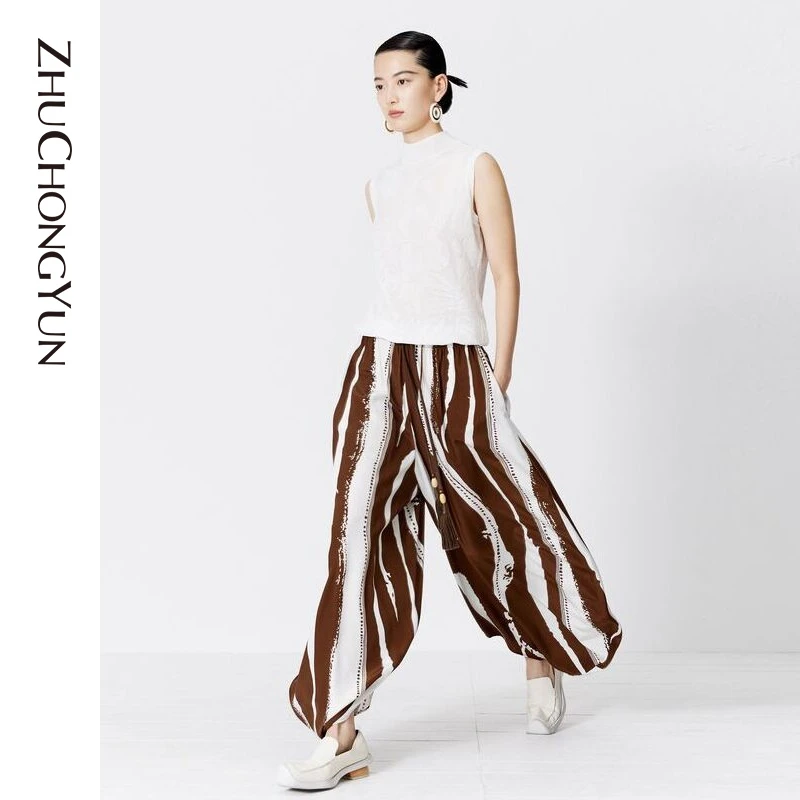 【新品首降】ZHUCHONGYUN夏新款设计感条纹印花阔腿裤夏季