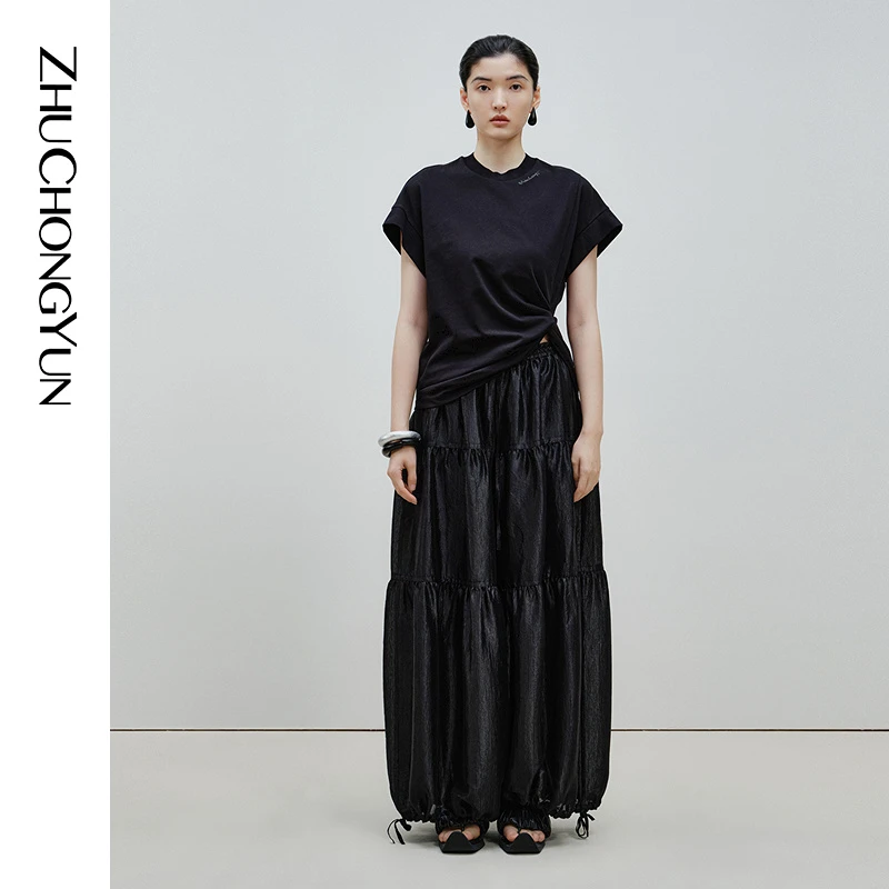 【米儿精选】ZHUCHONGYUN2024夏新款黑色计短袖T恤上衣