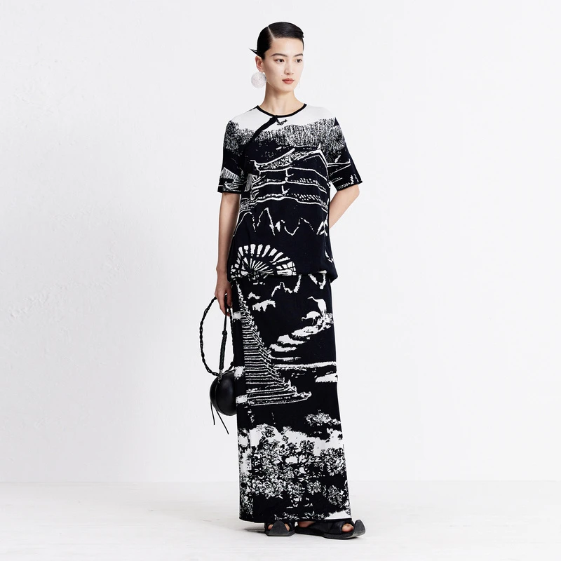 【晨晨甄选】ZHUCHONGYUN山林印象斜襟系带针织衫C1DE3702M