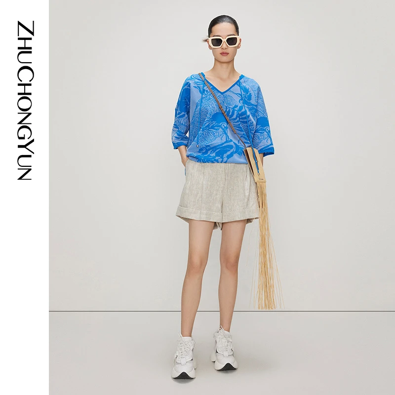 【冬姐精选】ZHUCHONGYUN款提花V领宽松五分袖针织衫
